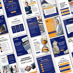 Puede incluir: Una colección de veinticuatro folletos de marketing rectangulares para TaxEase Solutions con un esquema de color consistente en azul, blanco y naranja, que muestra varios temas de servicios financieros, imágenes de negocios y diseños de texto profesionales.