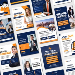 May include: A collection of recruitment flyers with a navy blue and orange color scheme. The flyers feature images of professionals and text such as "We are Hiring!", "Join Our Best Team", and "Executive Assistant". The flyers are for various job openings.