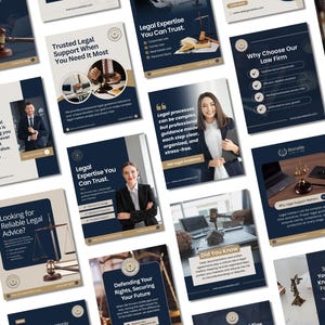Op de afbeelding: Een verzameling marketingmaterialen voor een advocatenkantoor, met verschillende ontwerpen met afbeeldingen van juridische symbolen, professionals en tekst. Het kleurenschema is voornamelijk marineblauw, wit en goud. De materialen omvatten brochures en flyers.