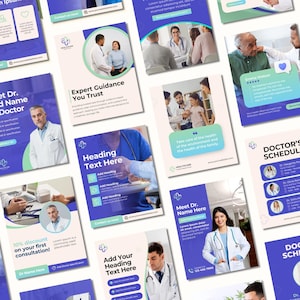 Pode incluir: Uma coleção de folhetos promocionais com tema de saúde. Os folhetos apresentam imagens de médicos, pacientes e profissionais médicos. O texto inclui "Expert Guidance You Trust", "Meet Dr. Add Name of Doctor" e "Doctor's Schedule". O esquema de cores é principalmente azul e branco.