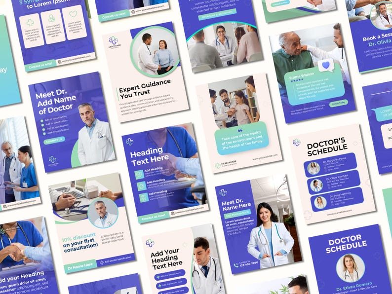 May include: A collection of promotional flyers with a healthcare theme. The flyers feature images of doctors, patients, and medical professionals. Text includes "Expert Guidance You Trust", "Meet Dr. Add Name of Doctor", and "Doctor's Schedule". The color scheme is primarily blue and white.