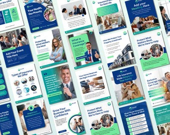 Könnte beinhalten: Eine Sammlung von Versicherungs-Marketing-Flyern mit blau-grünem Branding, verschiedenen professionellen Fotos von Menschen in geschäftlichen und familiären Situationen sowie Textüberschriften wie What We Offer, Your Health, Our Priority und Protect What Matters Most.