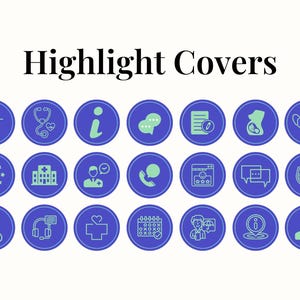 May include: A collection of blue circular icons with white and green illustrations, including a lightbulb, stethoscope, information symbol, speech bubbles, and more. The text "Highlight Covers" is displayed in black at the top.