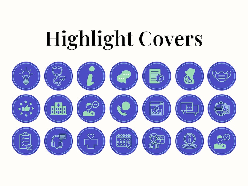 May include: A collection of blue circular icons with white and green illustrations, including a lightbulb, stethoscope, information symbol, speech bubbles, and more. The text "Highlight Covers" is displayed in black at the top.