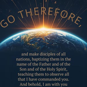 Könnte beinhalten: Inspirierendes Bild mit der Erde, dem Text „GO THEREFORE“ und einem Bibelvers aus Matthäus 28:19-20. Der Hintergrund ist dunkelblau mit nach oben zeigenden Pfeilen und hellem Licht in der Mitte.