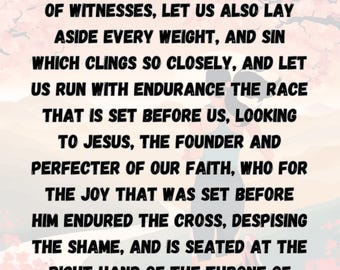 Hebrews 12:1-2 Print — Run the Race Scripture Poster, Christian Wall Art, Inspirational Bible Verse, Printable Digital Download