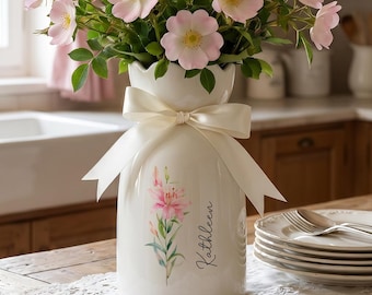 Watercolor Birth Flower Vase, Personalized Ceramic Gift with Bow