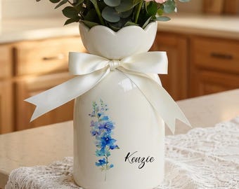 Personalized Birth Month Flower Vase, Ceramic Vase with Bow