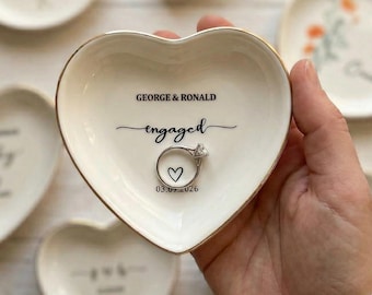 Personalized Ceramic Ring Dish, Engaged Jewelry Tray, Gold Trimmed Keepsake