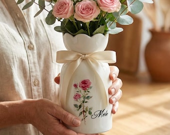 Personalized Birth Flower Ceramic Vase with Bow, Mother's Day Gift, Grandma Keepsake
