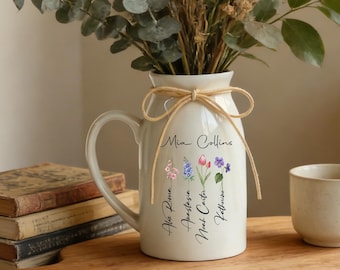 Personalized Ceramic Vase, Birth Month Flower Gift for Mom, Watercolor Birthday Flowers