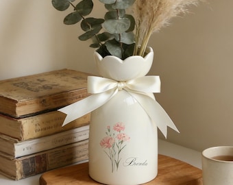 Personalized Birth Flower Vase With Name, Ceramic Vase Birthday Gift, Gift for Mom, Birthday Gift for Grandmother, Bridesmaid Gifts with Bow