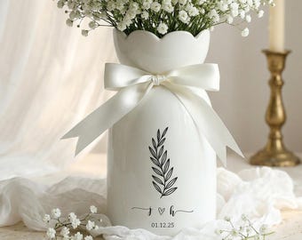 Custom Ceramic Vase, Personalized Wedding Gift, Engaged Couple Keepsake, Anniversary Date Flower Holder