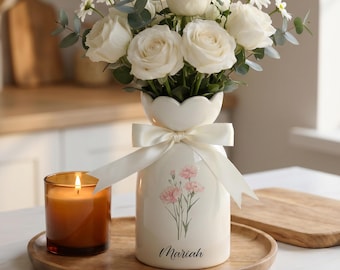 Personalized Birth Flower Vase, Custom Name Ceramic Vase for Birthday, Thoughtful Birthday Gift, Birthday Gift for Mom/Sister/Friend