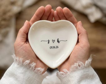 Personalized Heart Ring Dish, Custom Initial Date Jewelry Tray, Ceramic Trinket Dish Gold Rim