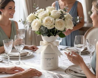 Personalized Engaged Ceramic Vase, Custom Names Date Wedding Keepsake, Elegant Party Favor