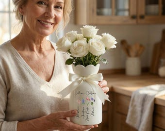 Custom Birth Flower Ceramic Vase, Personalized Mother's Day Gift, Garden Decor