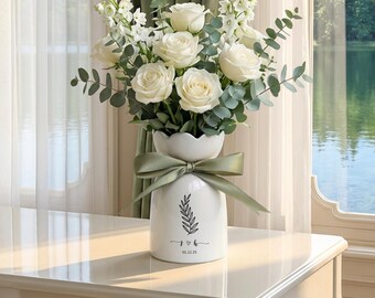 Customizable Ceramic Wedding Vase with Bow, Anniversary Gift