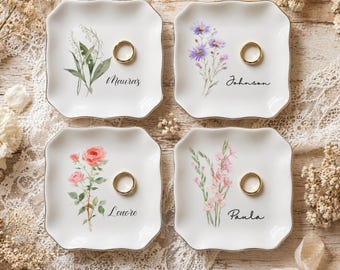 Personalized Birth Flower Ring Dish | Custom Name Jewelry Tray |  Bridesmaid & Mother's Day Gift