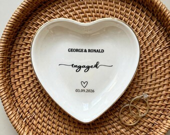 Custom Ceramic Ring Dish, Personalized Engagement Keepsake, Gold Trimmed Vanity Tray, Wedding Gift