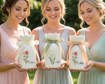 Custom Name Birth Flower Ceramic Vase, Bridesmaid Proposal Keepsake, Satin Ribbon Bud Vase