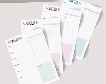 Könnte beinhalten: Eine Sammlung von Wochenplaner-Blättern in verschiedenen Pastellfarben, darunter Grün, Rosa und Blau. Jedes Blatt zeigt das Wort "Wochenplaner" und Abschnitte für tägliche Aufgaben und Notizen. Der Satz "WOCHENPLAN ZUM AUSDRUCKEN" steht oben.