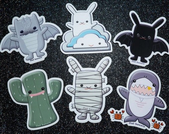 Cute Animal Sticker Pack, Dragon Cactus Shark Mummy Bunny Cloud Bat, Kawaii Japan laptop sticker notebook vinyl decal, Flat Bonnie