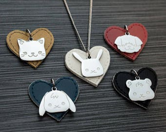 Cute animal necklace, Kawaii animal and heart charm, Animal lover gift, Bunny Rabbit Cat Dog Guinea Pig, Stainless Steel Jewelry Flat Bonnie