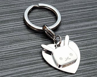 Cute rabbit keyring charm, Kawaii bunny keychain, Bag accessory, Bunny rabbit with heart charm, Pet memorial metal charm, Flat Bonnie