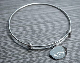 Cute dog charm bracelet, Kawaii dog jewelry, Dog lover gift, Stainless steel bangle charm, Stocking stuffer, Coworker gift, Flat Bonnie