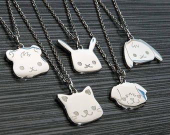 Cute animal necklace, Kawaii animal charm, Animal lover gift, Bunny Rabbit Cat Dog Guinea Pig, Dainty stainless steel Jewelry, Flat Bonnie