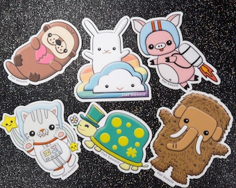 Kawaii Japan Sticker Pack, Pig Otter Turtle Woolly Mammoth Space Cat Bunny Cloud Rainbow, Vinyl laptop sticker decal, Flat Bonnie