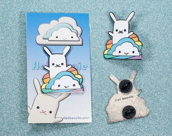 Bunny enamel pin rainbow cloud, Kawaii backpack pin rabbit jewelry, Cloisonné lapel pin metal badge, Cute boy girl LGBT gift, Flat Bonnie