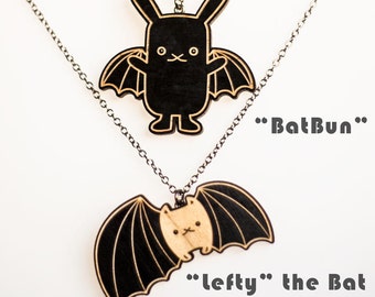 Bat necklace, Bunny charm, Cute animal rabbit jewelry, Kawaii Japan bunny lover gift, Gothic birthday gift, Punk emo lapin, Flat Bonnie