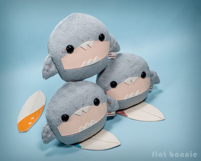 Baby Shark stuffed animal, Kawaii surfing shark soft toy doll, Cute shark plush handmade, Shark week gift, Surfboard, Flat Bonnie image 4