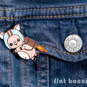 Pig enamel pin pig, Kawaii pig backpack pin hard enamel brooch, Cute jacket pin pig, Space rocket jetpack flying pig gift, Flat Bonnie image 3