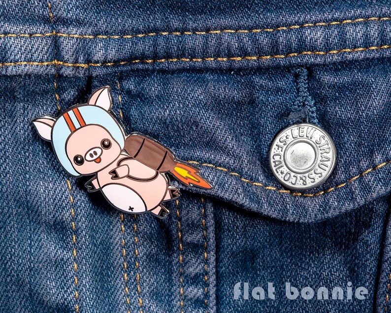 Pig enamel pin pig, Kawaii pig backpack pin hard enamel brooch, Cute jacket pin pig, Space rocket jetpack flying pig gift, Flat Bonnie image 3