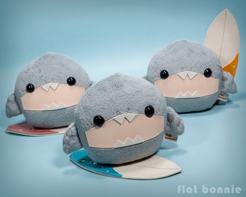 Baby Shark stuffed animal, Kawaii surfing shark soft toy doll, Cute shark plush handmade, Shark week gift, Surfboard, Flat Bonnie image 1