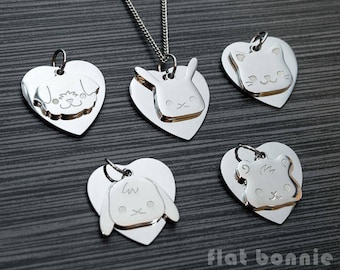 Kawaii animal necklace, Cute animal and heart charm, Animal lover gift, Bunny Rabbit Cat Dog Guinea Pig, Stainless Steel Jewelry Flat Bonnie