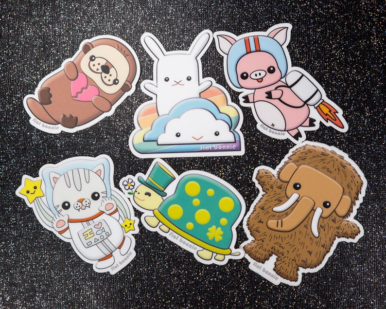 Kawaii Japan Sticker Pack, Pig Otter Turtle Woolly Mammoth Space Cat Bunny Cloud Rainbow, Vinyl laptop sticker decal, Flat Bonnie image 1