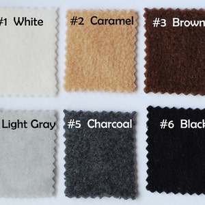 May include: Six fabric swatches in different colors, labeled with numbers and names: #1 White, #2 Caramel, #3 Brown, #4 Light Gray, #5 Charcoal, #6 Black.