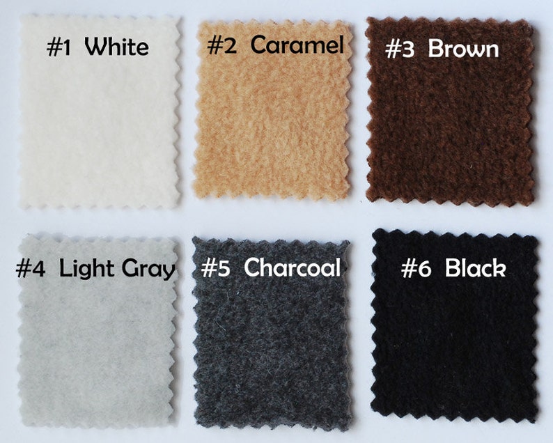 May include: Six fabric swatches in different colors, labeled with numbers and names: #1 White, #2 Caramel, #3 Brown, #4 Light Gray, #5 Charcoal, #6 Black.