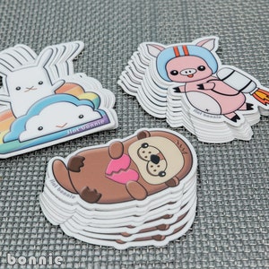 Kawaii Japan Sticker Pack, Pig Otter Turtle Woolly Mammoth Space Cat Bunny Cloud Rainbow, Vinyl laptop sticker decal, Flat Bonnie image 3