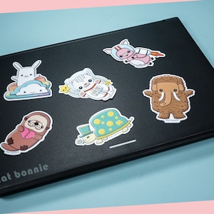Kawaii Japan Sticker Pack, Pig Otter Turtle Woolly Mammoth Space Cat Bunny Cloud Rainbow, Vinyl laptop sticker decal, Flat Bonnie image 5