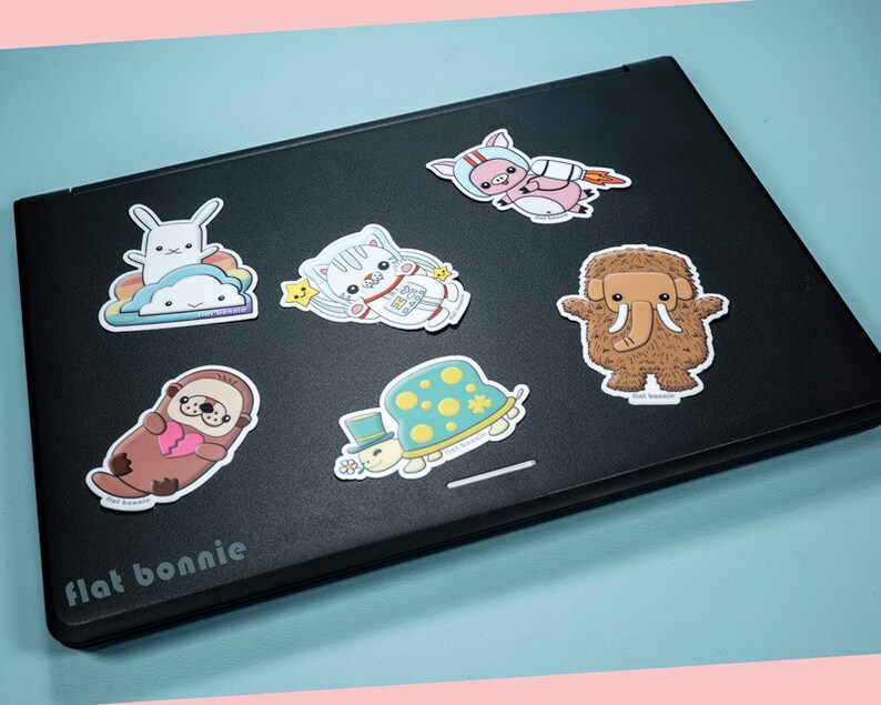 Kawaii Japan Sticker Pack, Pig Otter Turtle Woolly Mammoth Space Cat Bunny Cloud Rainbow, Vinyl laptop sticker decal, Flat Bonnie image 5