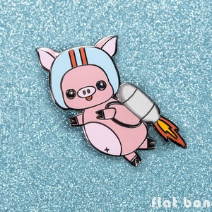 Pig enamel pin pig, Kawaii pig backpack pin hard enamel brooch, Cute jacket pin pig, Space rocket jetpack flying pig gift, Flat Bonnie image 1