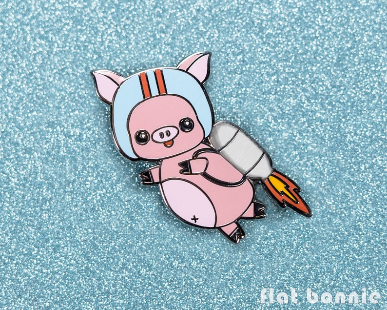 Pig enamel pin pig, Kawaii pig backpack pin hard enamel brooch, Cute jacket pin pig, Space rocket jetpack flying pig gift, Flat Bonnie image 1