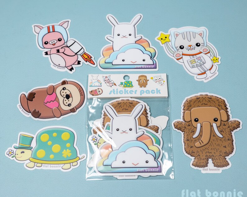 Kawaii Japan Sticker Pack, Pig Otter Turtle Woolly Mammoth Space Cat Bunny Cloud Rainbow, Vinyl laptop sticker decal, Flat Bonnie image 2