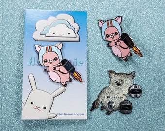 Flying pig enamel pin, Kawaii piggy jacket pin flair, Cute pig backpack pin metal badge, Animal lover jewelry, Lapel pin gift, Flat Bonnie