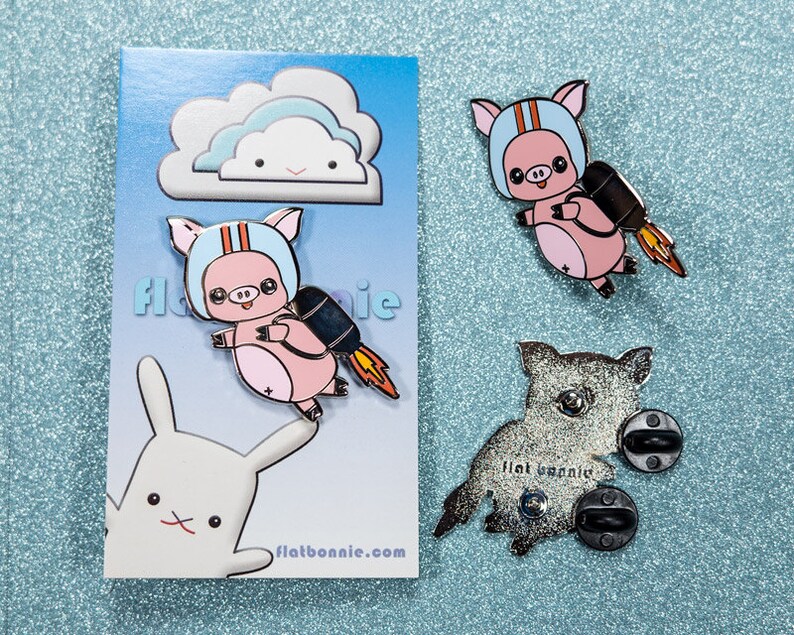 Pig enamel pin pig, Kawaii pig backpack pin hard enamel brooch, Cute jacket pin pig, Space rocket jetpack flying pig gift, Flat Bonnie image 2